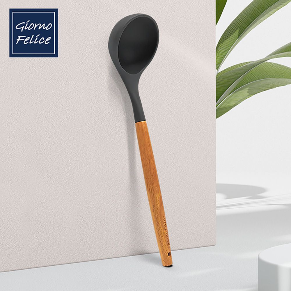 GIORNO FELICE Wood Handle Silicone Kitchen Utensils Heat-Resistant Beechwood Ladle GF-SLD Non-Stick Scratch-Free